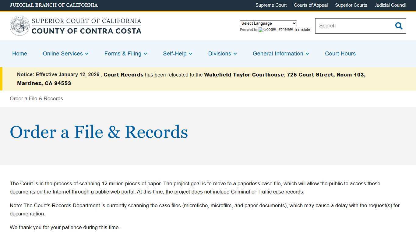 Order a File & Records Superior Court of California County of Contra Costa